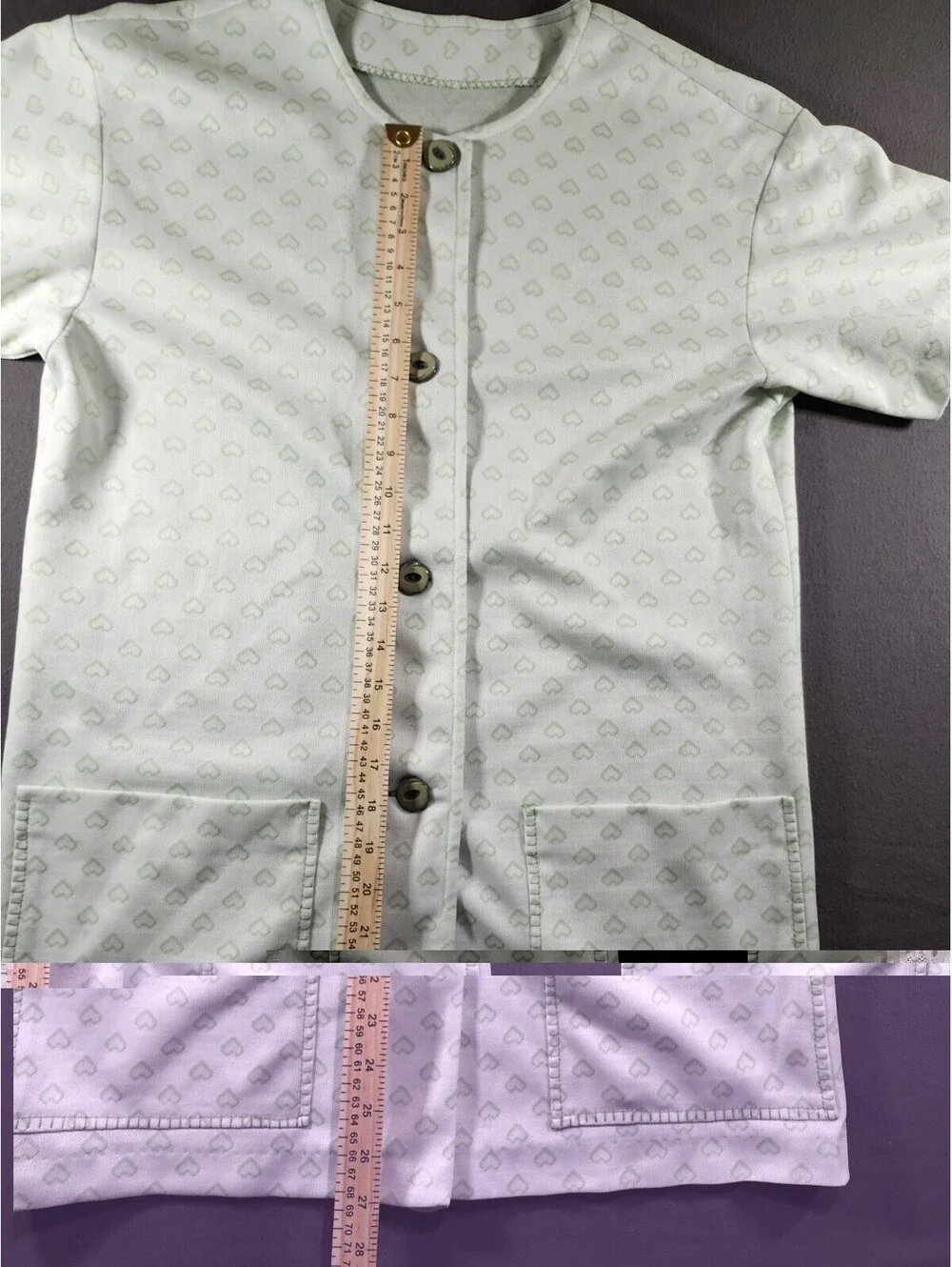 Women’s L Handmade 2pc Pajama Set Green/White Hearts Button-Front And 4 Pockets